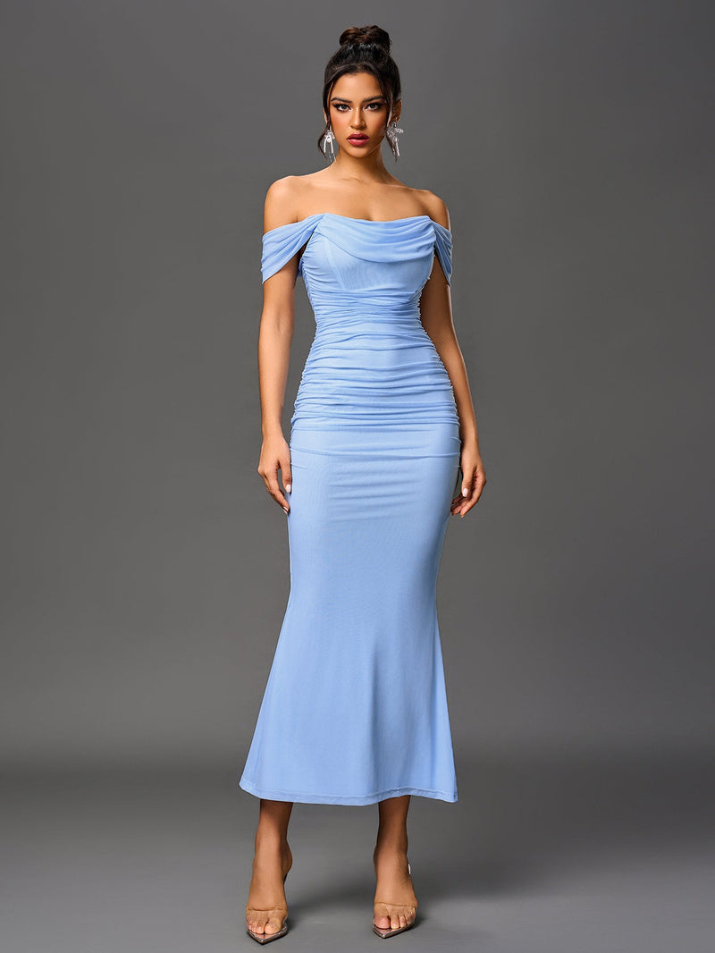 Off Shoulder Ruched Zipper Back Bodycon Dress