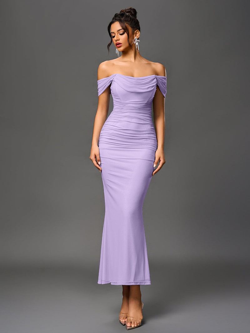 Off Shoulder Ruched Zipper Back Bodycon Dress