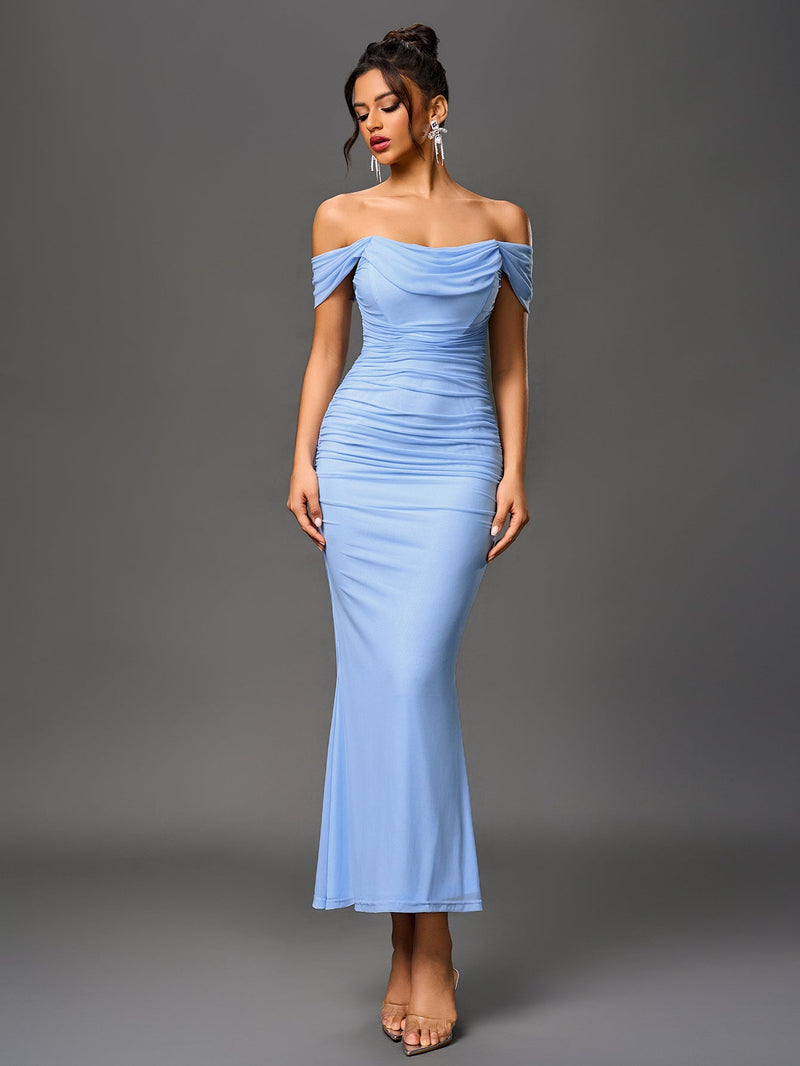Off Shoulder Ruched Zipper Back Bodycon Dress