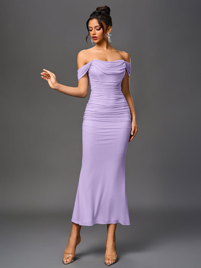 Off Shoulder Ruched Zipper Back Bodycon Dress