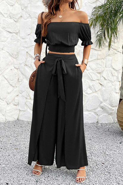 Off-shoulder Crop Top Tie-up Pants Suits