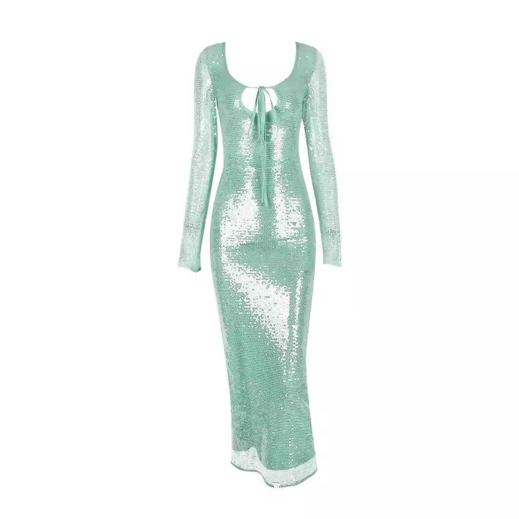 Sequins Maxi Dress for Formal Occasions - Long Sleeve Wedding and Christmas Party Dress