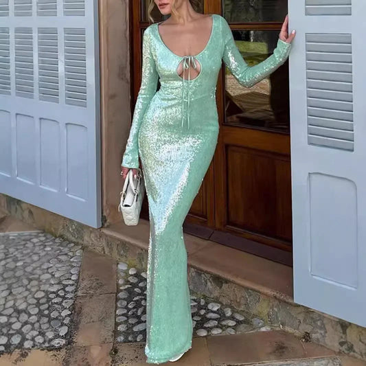 Sequins Maxi Dress for Formal Occasions - Long Sleeve Wedding and Christmas Party Dress