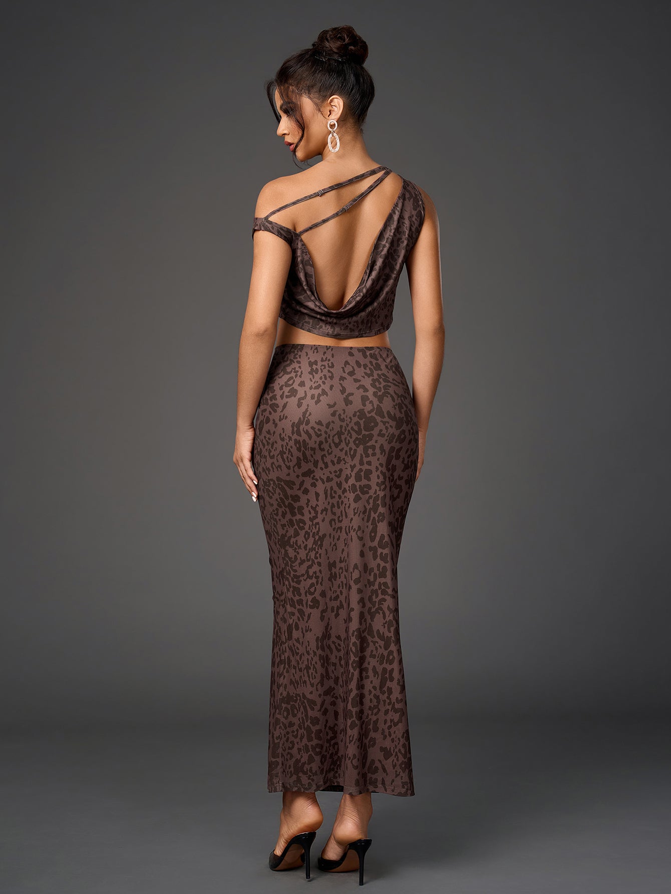 One Shoulder Draped Tie Backless Top&mesh Print Bodycon Skirt