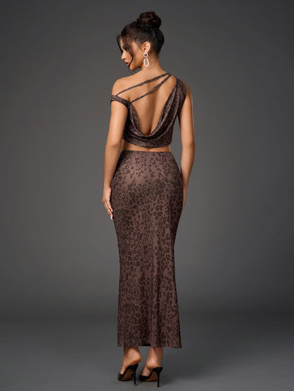 One Shoulder Draped Tie Backless Top&mesh Print Bodycon Skirt