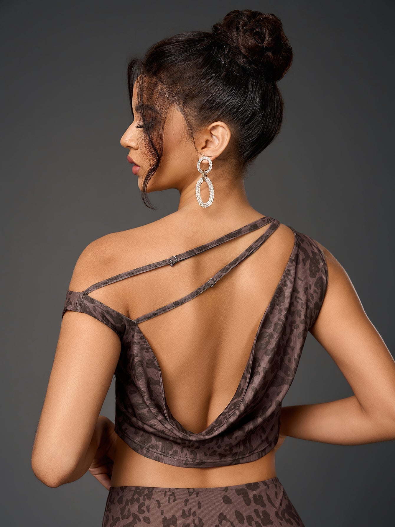 One Shoulder Draped Tie Backless Top&mesh Print Bodycon Skirt