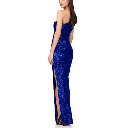 One Shoulder High Waist Slit Evening Dress Sequin Sleeveless Party Dresses New Slim Long Dresses for