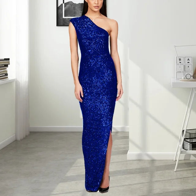 One Shoulder High Waist Slit Evening Dress Sequin Sleeveless Party Dresses New Slim Long Dresses for