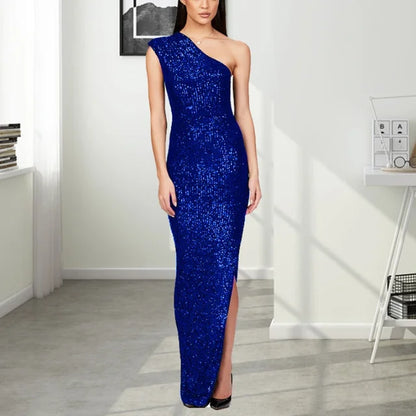 One Shoulder High Waist Slit Evening Dress Sequin Sleeveless Party Dresses New Slim Long Dresses for