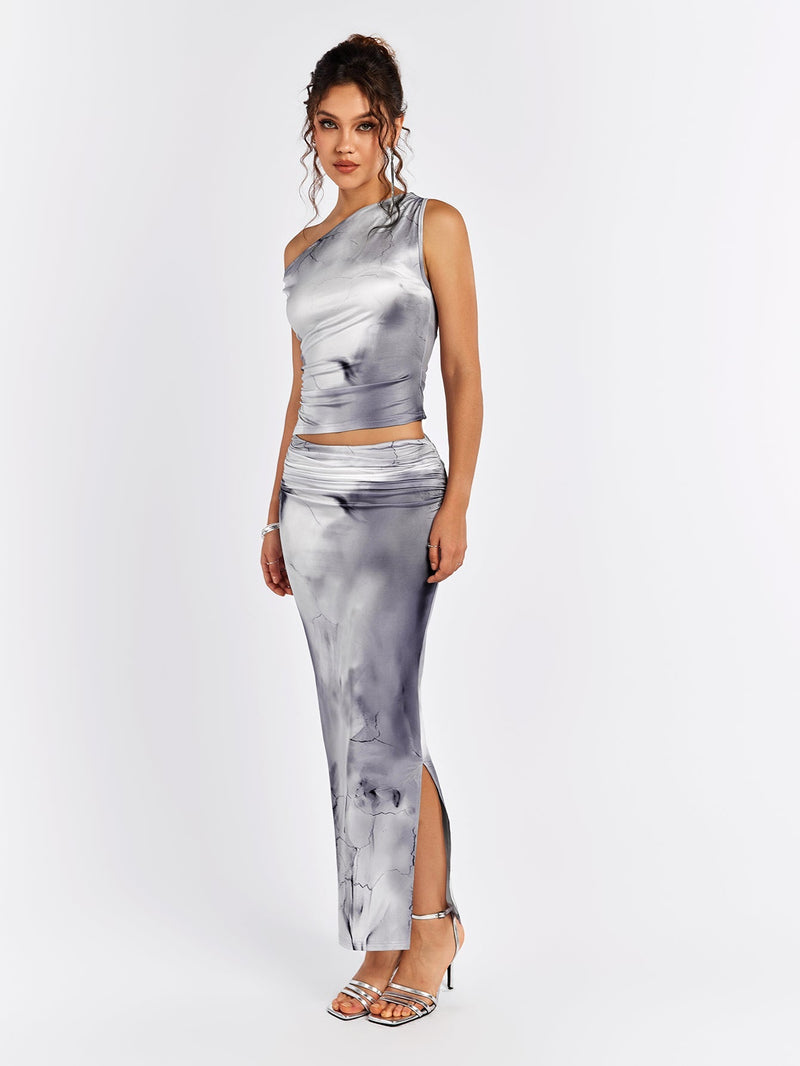 One Shoulder Ruched Top&ruched Bodycon Skirt