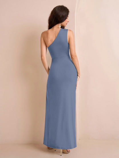 One Shoulder Ruched Waist Split Thigh Dress