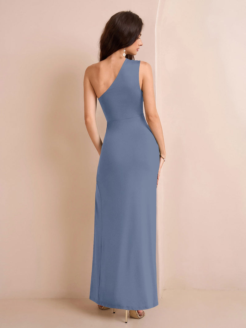 One Shoulder Ruched Waist Split Thigh Dress