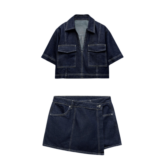 Faelyn - Denim Cropped-top & Skirt Two-piece Set