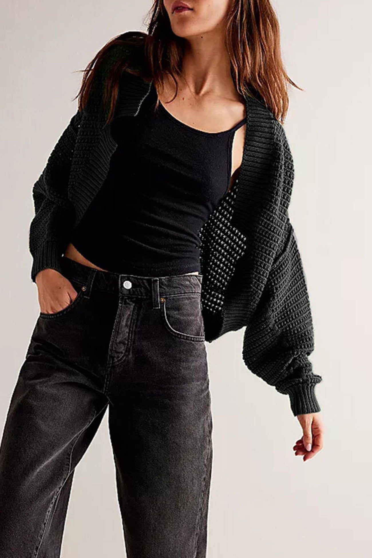 Open Front Bat Sleeve Knit Cardigan