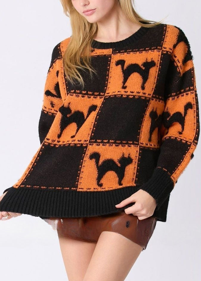 Orange Animal Cozy Knit Sweater O Neck Fall Ae1027