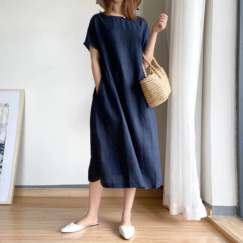 Orange O-neck Loose Pullover Korean Mid-calf Spring Midi Dresses