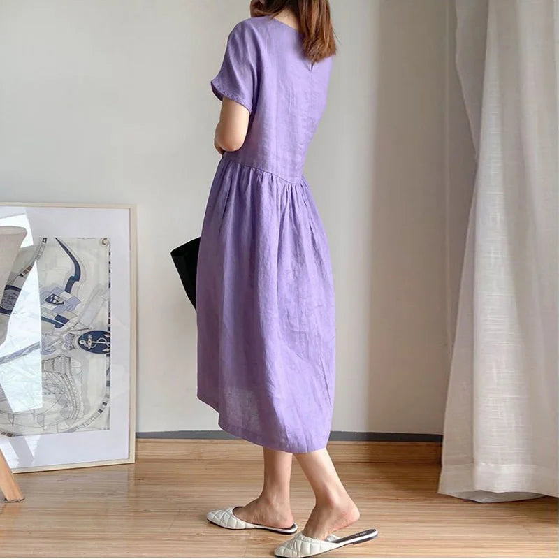 Orange O-neck Loose Pullover Korean Mid-calf Spring Midi Dresses