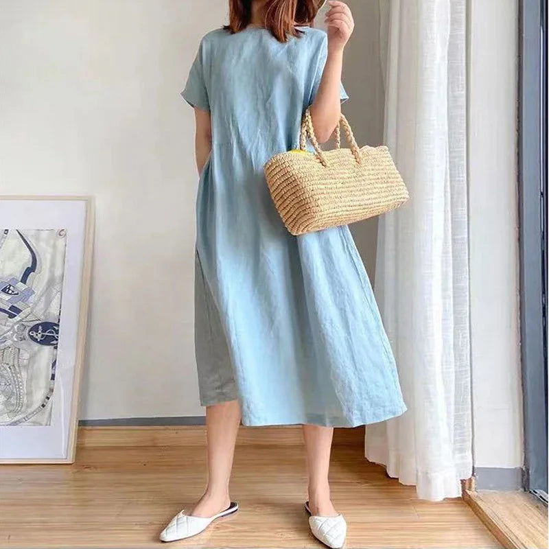 Orange O-neck Loose Pullover Korean Mid-calf Spring Midi Dresses