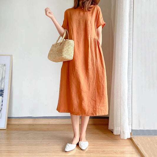 Orange O-neck Loose Pullover Korean Mid-calf Spring Midi Dresses