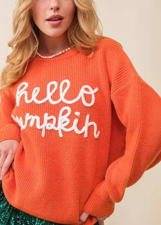 Orange Hollow Out Knit Sweaters O-neck Long Sleeve Ae1010