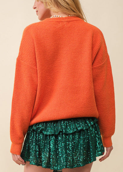 Orange Hollow Out Knit Sweaters O-neck Long Sleeve Ae1010