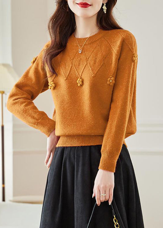 Orange Hollow Out Knit Fall Sweaters O Neck Qs012