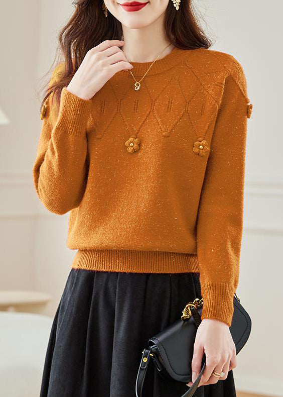 Orange Hollow Out Knit Fall Sweaters O Neck Qs012