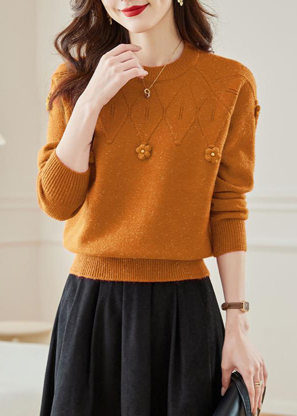 Orange Hollow Out Knit Fall Sweaters O Neck Qs012