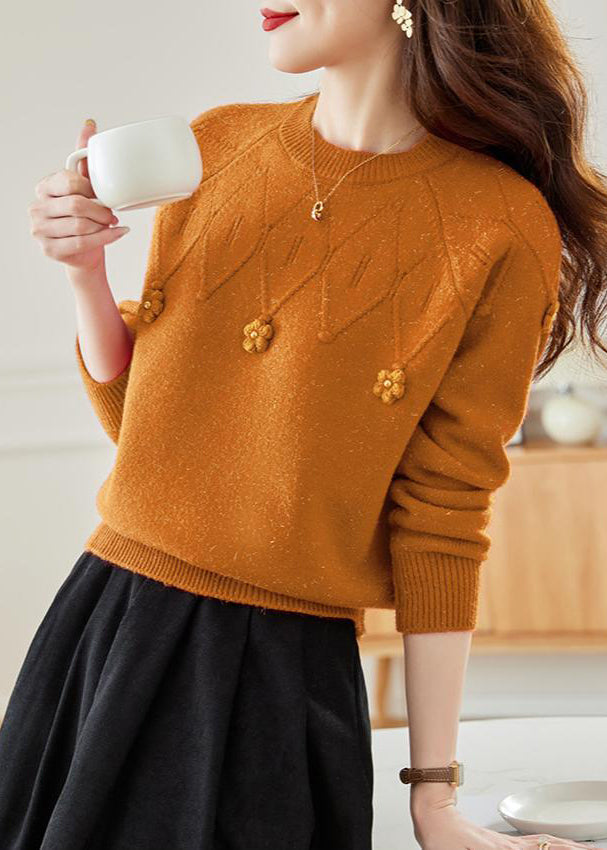 Orange Hollow Out Knit Fall Sweaters O Neck Qs012