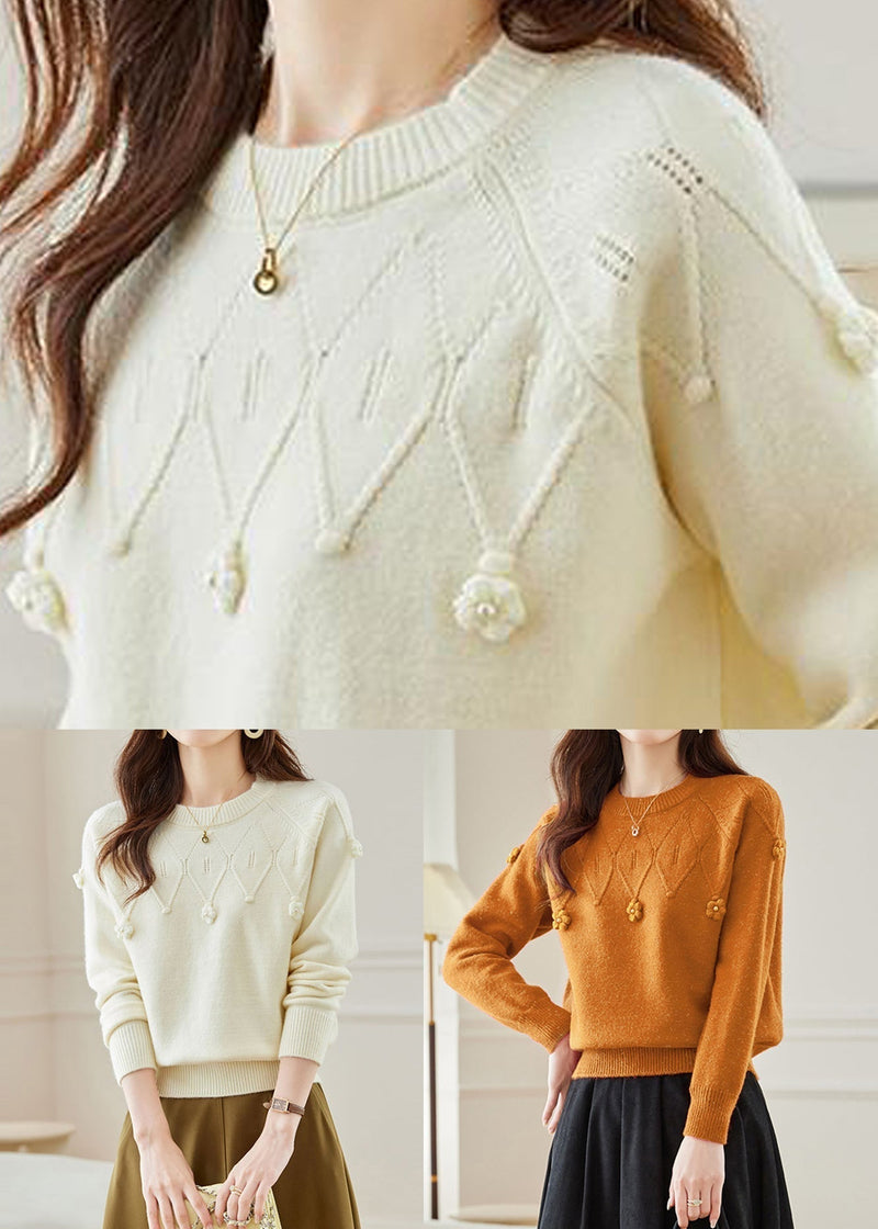 Orange Hollow Out Knit Fall Sweaters O Neck Qs012
