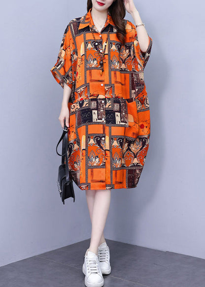 Orange Pockets Cotton Blouses Dress Peter Pan Collar Summer Nn026