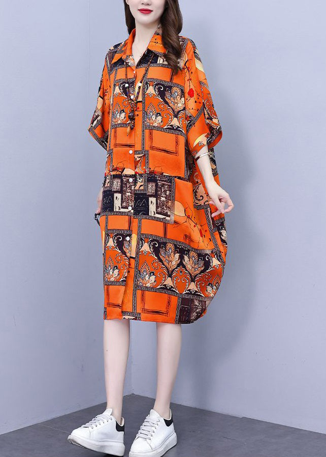 Orange Pockets Cotton Blouses Dress Peter Pan Collar Summer Nn026