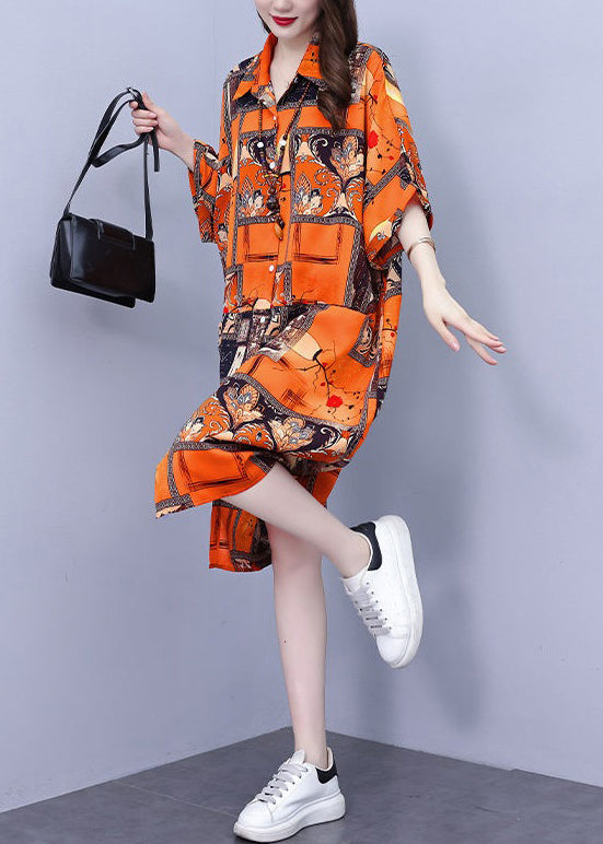 Orange Pockets Cotton Blouses Dress Peter Pan Collar Summer Nn026