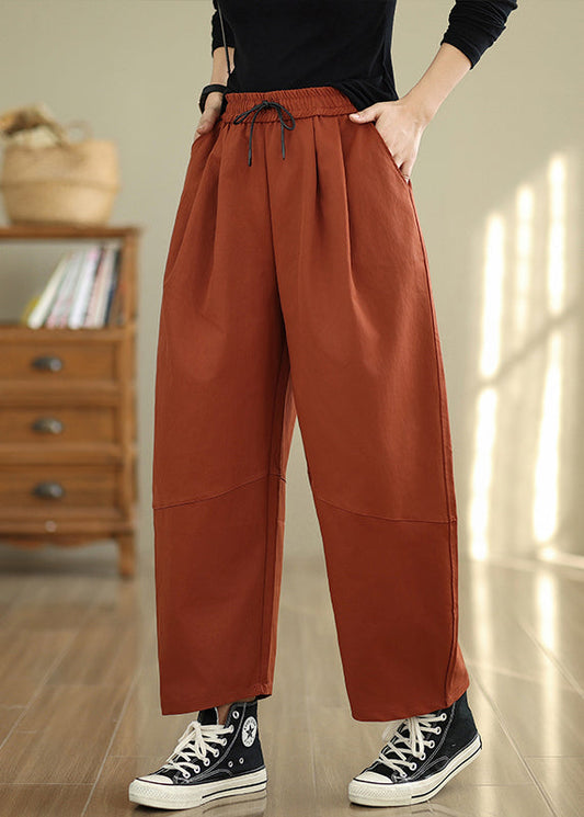 Orange Pockets Loose Cotton Pants Elastic Waist Fall Qo047