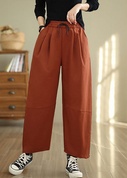 Orange Pockets Loose Cotton Pants Elastic Waist Fall Qo047