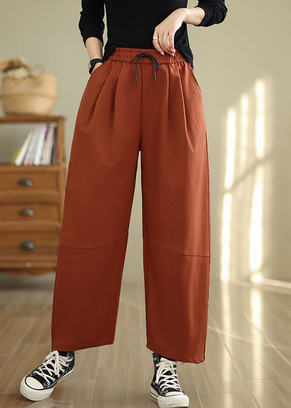 Orange Pockets Loose Cotton Pants Elastic Waist Fall Qo047