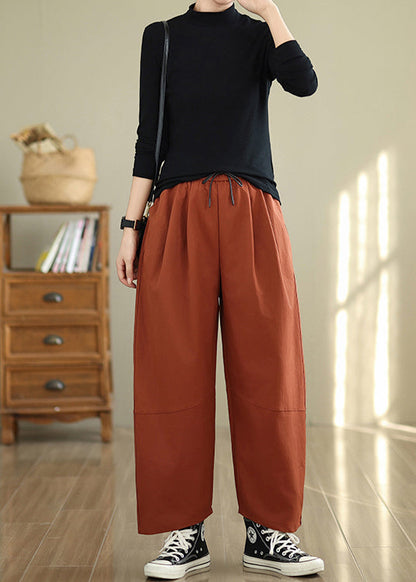 Orange Pockets Loose Cotton Pants Elastic Waist Fall Qo047
