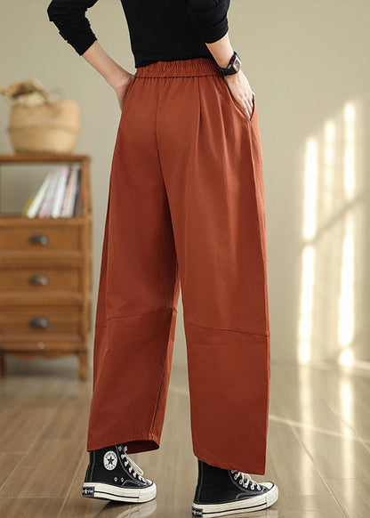 Orange Pockets Loose Cotton Pants Elastic Waist Fall Qo047