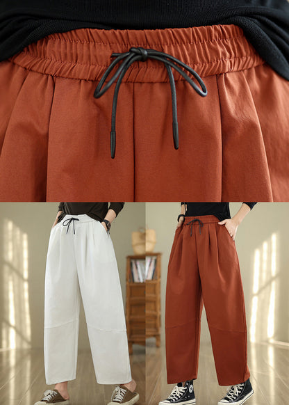 Orange Pockets Loose Cotton Pants Elastic Waist Fall Qo047