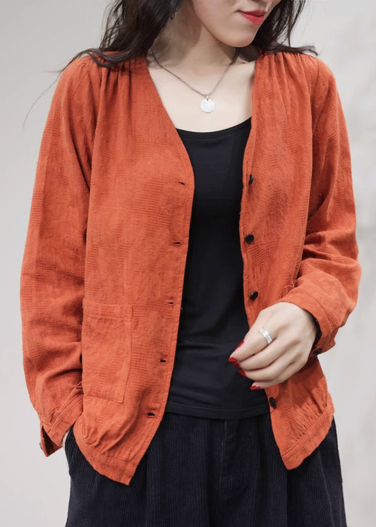 Orange Pockets Cotton Coat Coats V Neck Fall Ff029