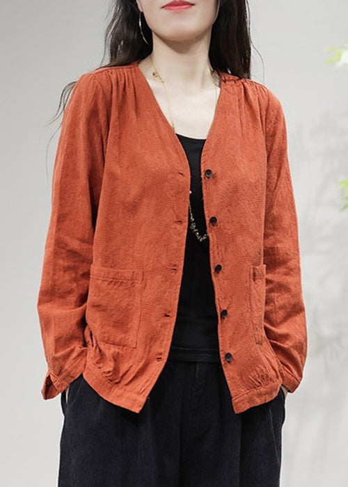 Orange Pockets Cotton Coat Coats V Neck Fall Ff029