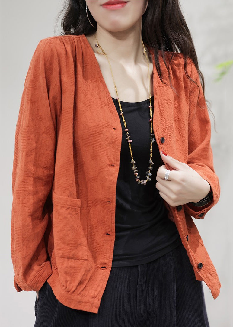 Orange Pockets Cotton Coat Coats V Neck Fall Ff029