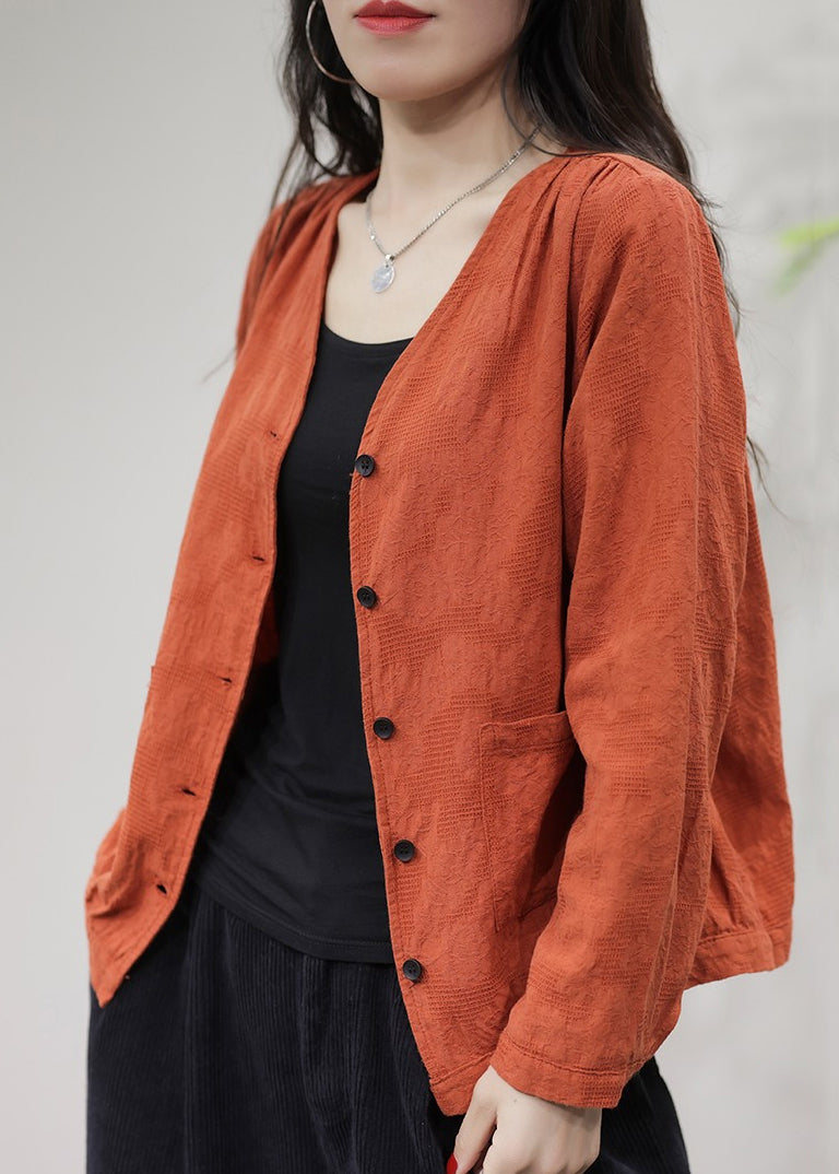Orange Pockets Cotton Coat Coats V Neck Fall Ff029