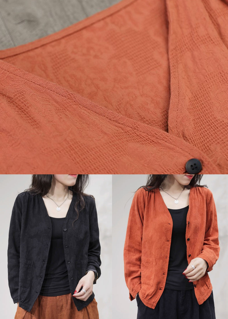 Cozy Black V Neck Button Cotton Coats Long Sleeve Ff001