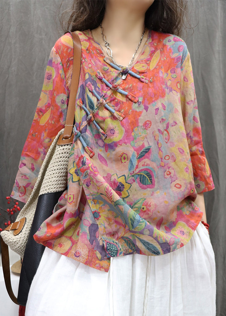 Bracelet Sleeve Orange Linen Button Print Neck V Blouse