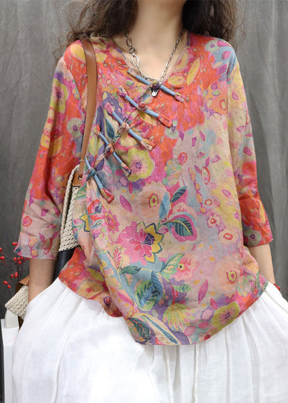 Bracelet Sleeve Orange Linen Button Print Neck V Blouse