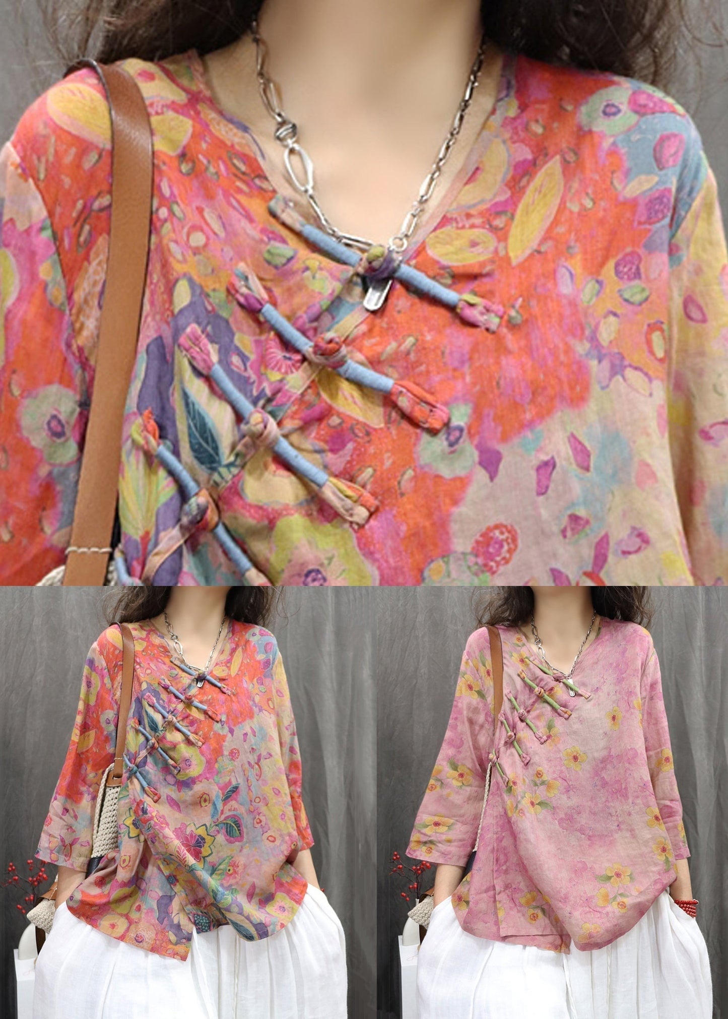Bracelet Sleeve Orange Linen Button Print Neck V Blouse