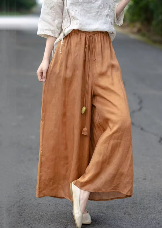 Elastic Cotton Orange Pants Pockets Crop Summer Waist