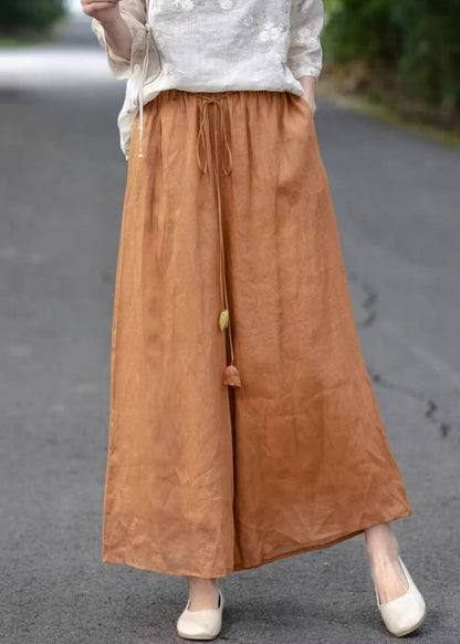Crop Elastic Waist Orange Pockets Pants Summer Cotton