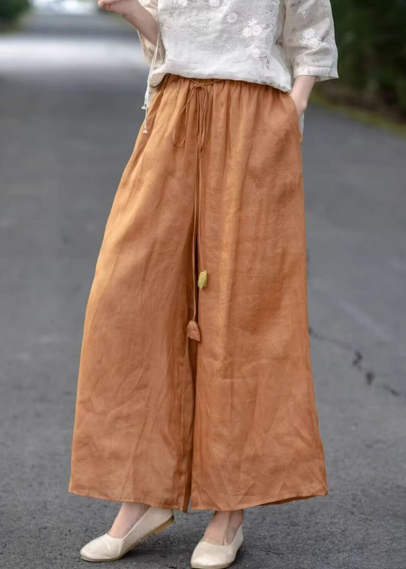 Crop Elastic Waist Orange Pockets Pants Summer Cotton